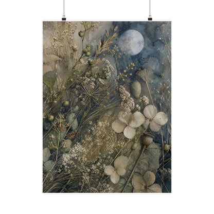 Japandi Dried Flowers in Moonlight | Watercolor Wall Art Print