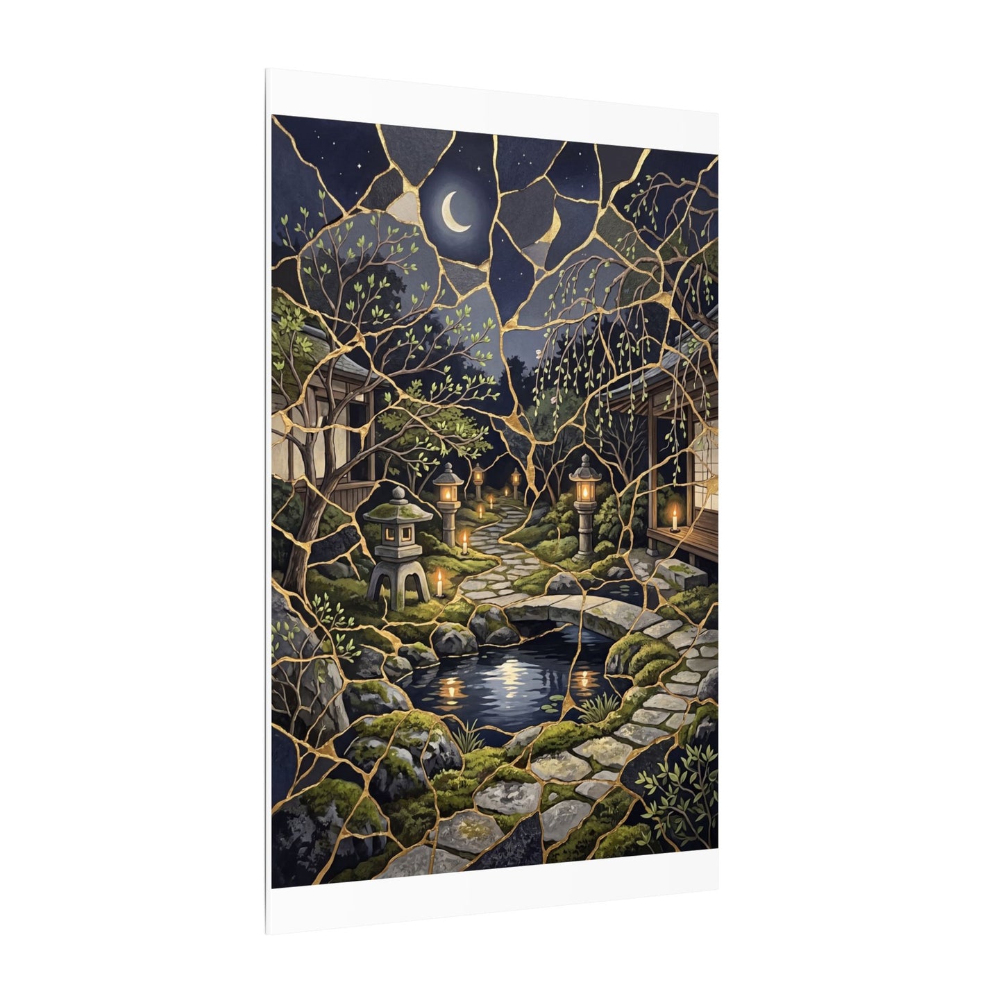 Kintsugi Moonlit Garden in Candlelight | Gold Vein Canvas Art