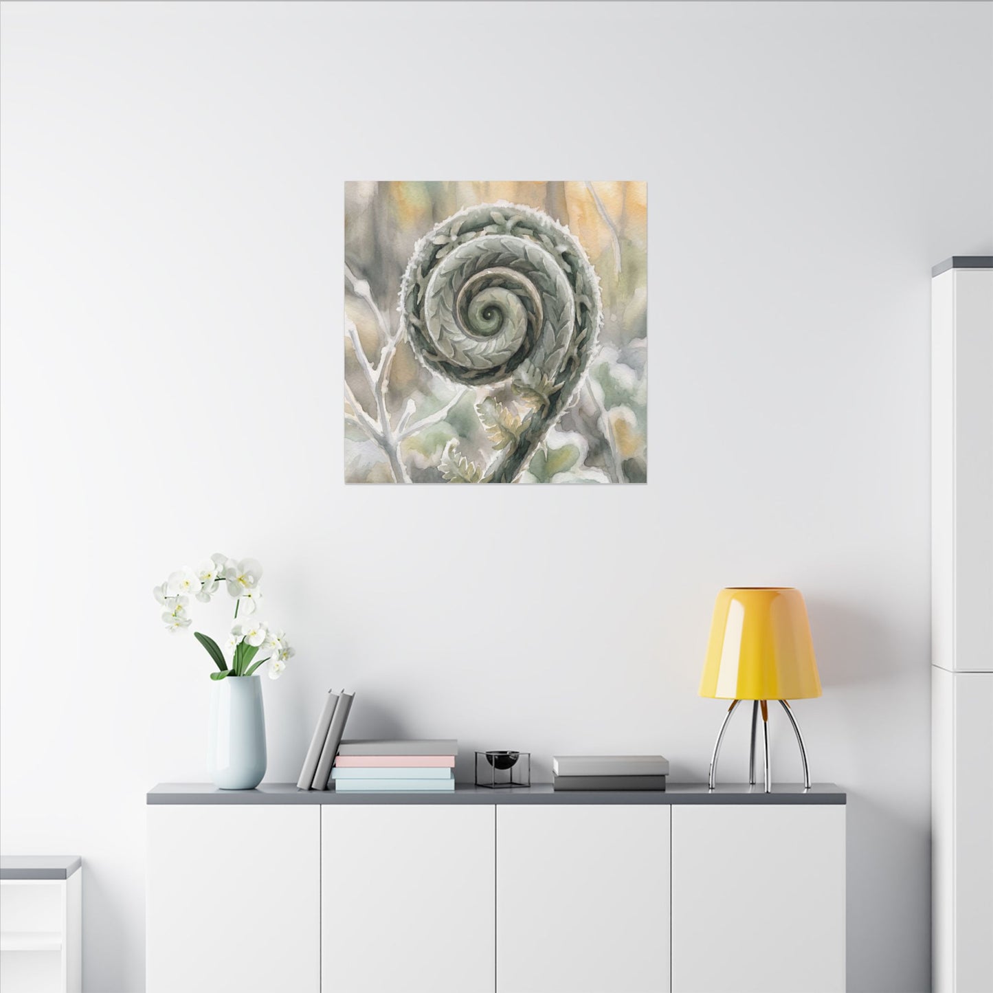 Winter Fern Unfurling Watercolor Canvas Art | Cozy Decor
