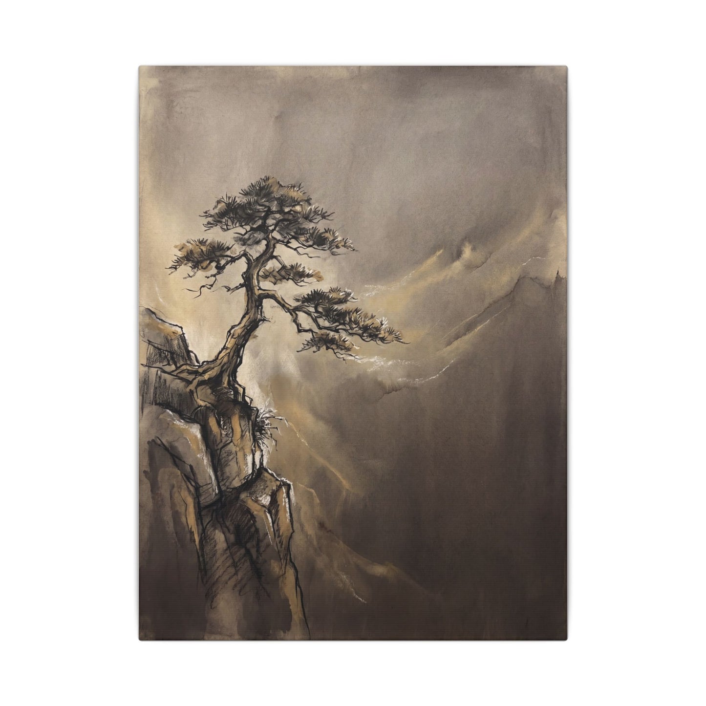 Pine Tree Charcoal Ink Canvas Art | Luxurious Dark Japandi Art