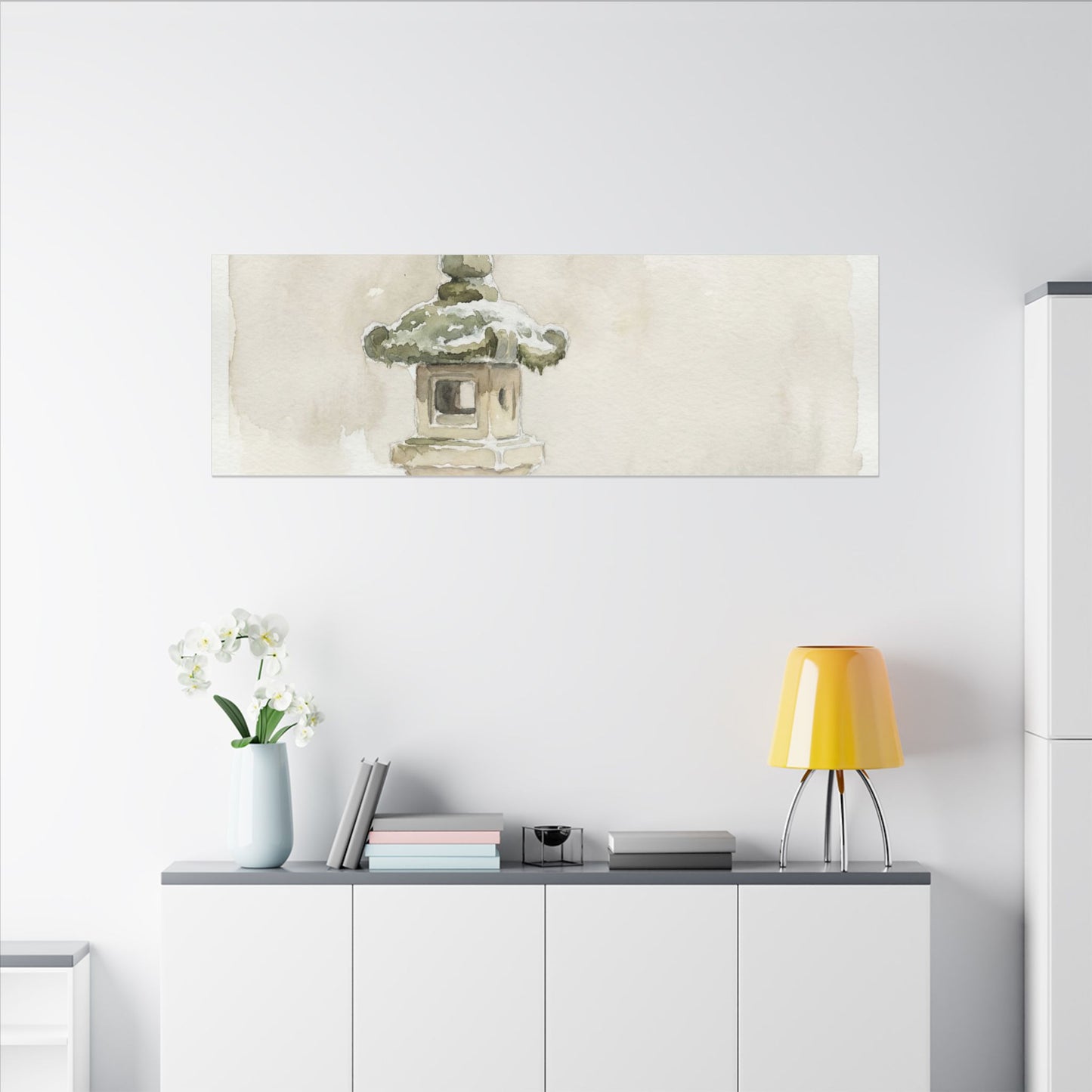 Stone Lantern Winter Canvas Art | Japandi Earthy Design