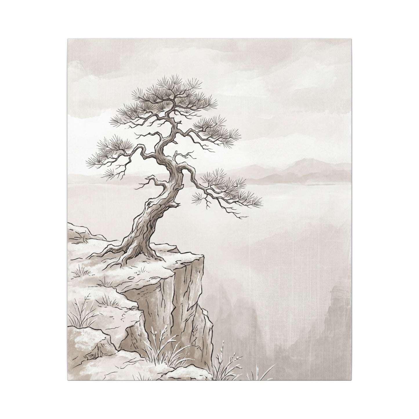 Neutral Pine Tree Canvas Art - Minimal Line Japandi