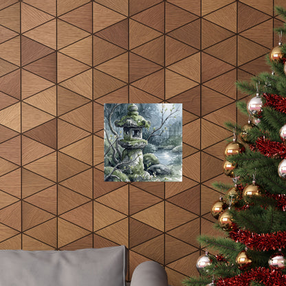 Japandi Stone Lantern in Moonlight | Watercolor Wall Art Print