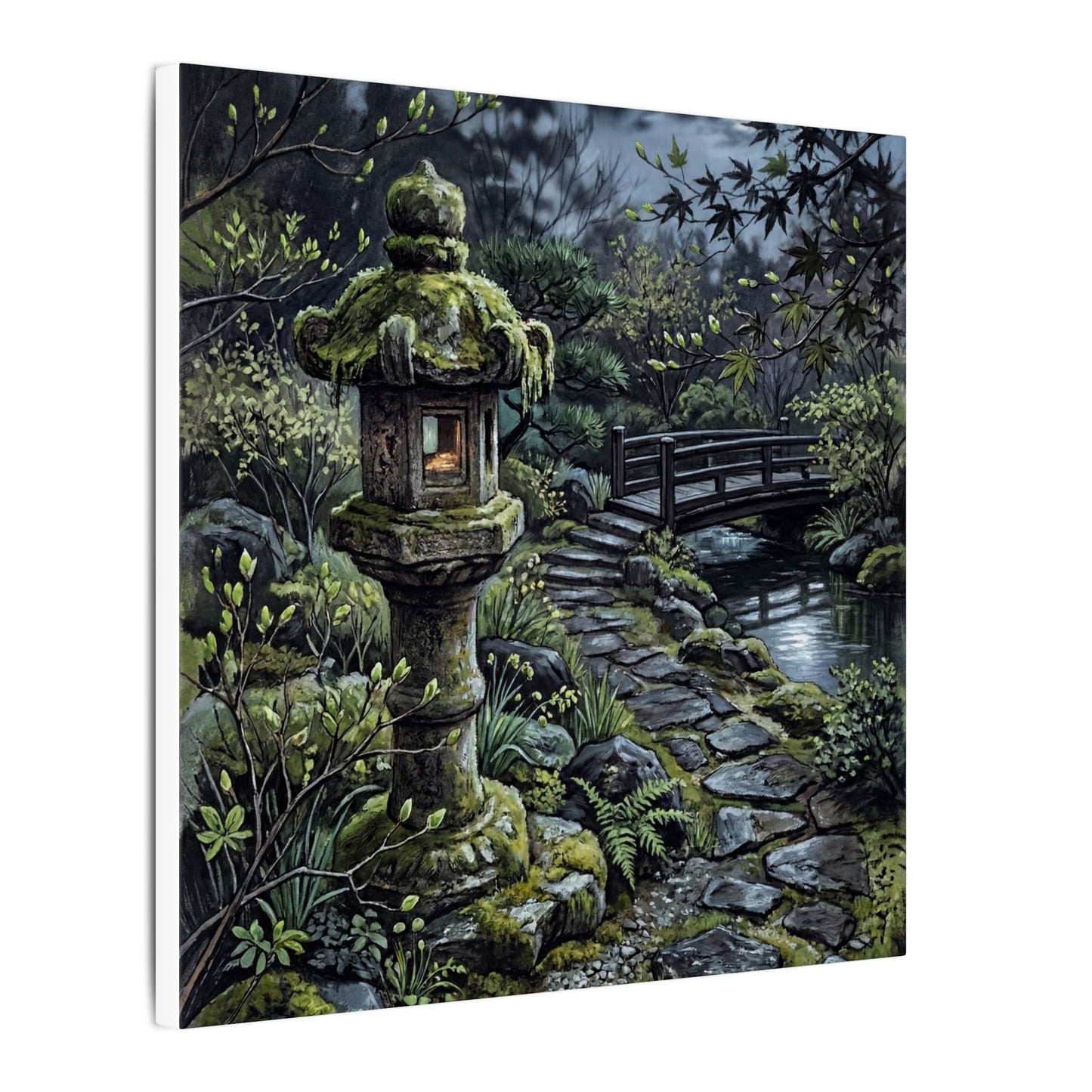 Japandi Stone Lantern in Moonlight | Texture Canvas Art