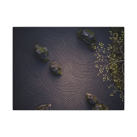 Dark Japandi Rock Garden in Dawn | Shadow Zen Canvas Art