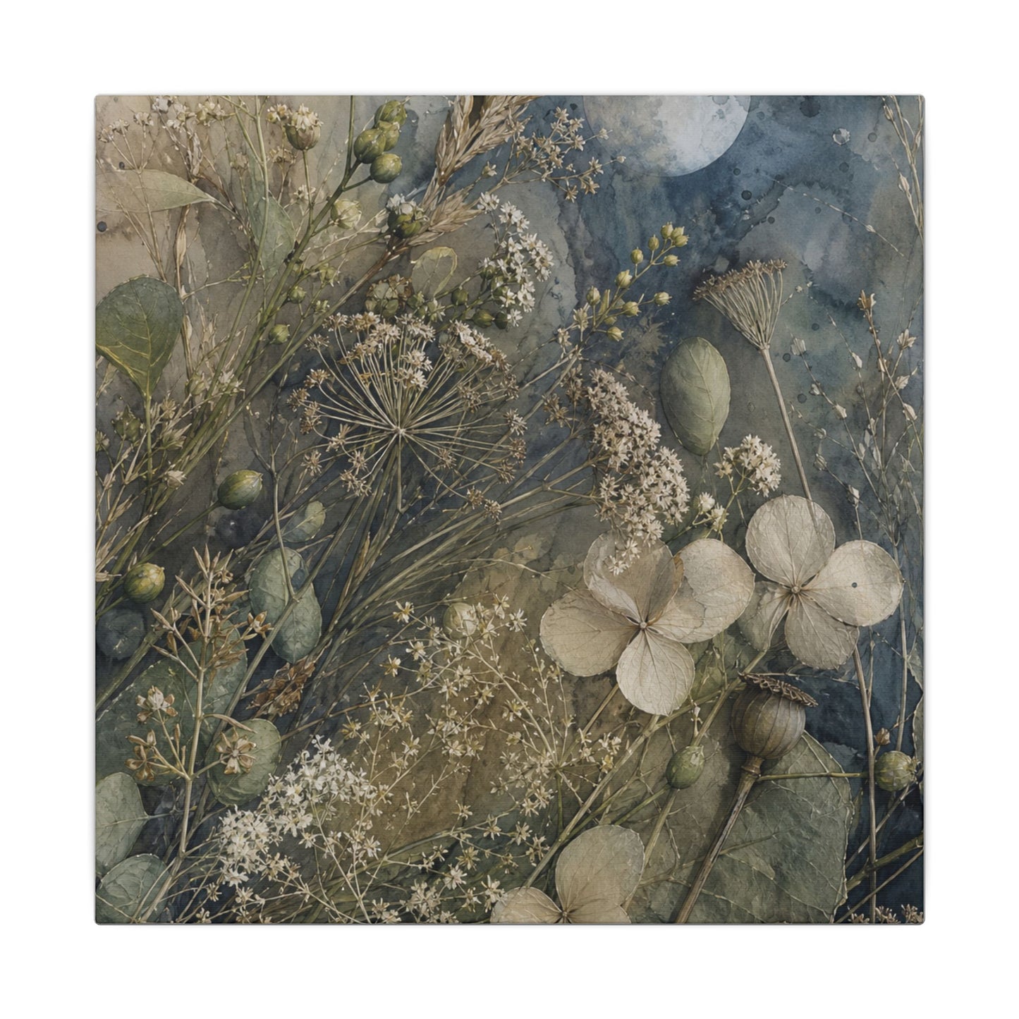 Japandi Dried Flowers in Moonlight | Watercolor Canvas Art