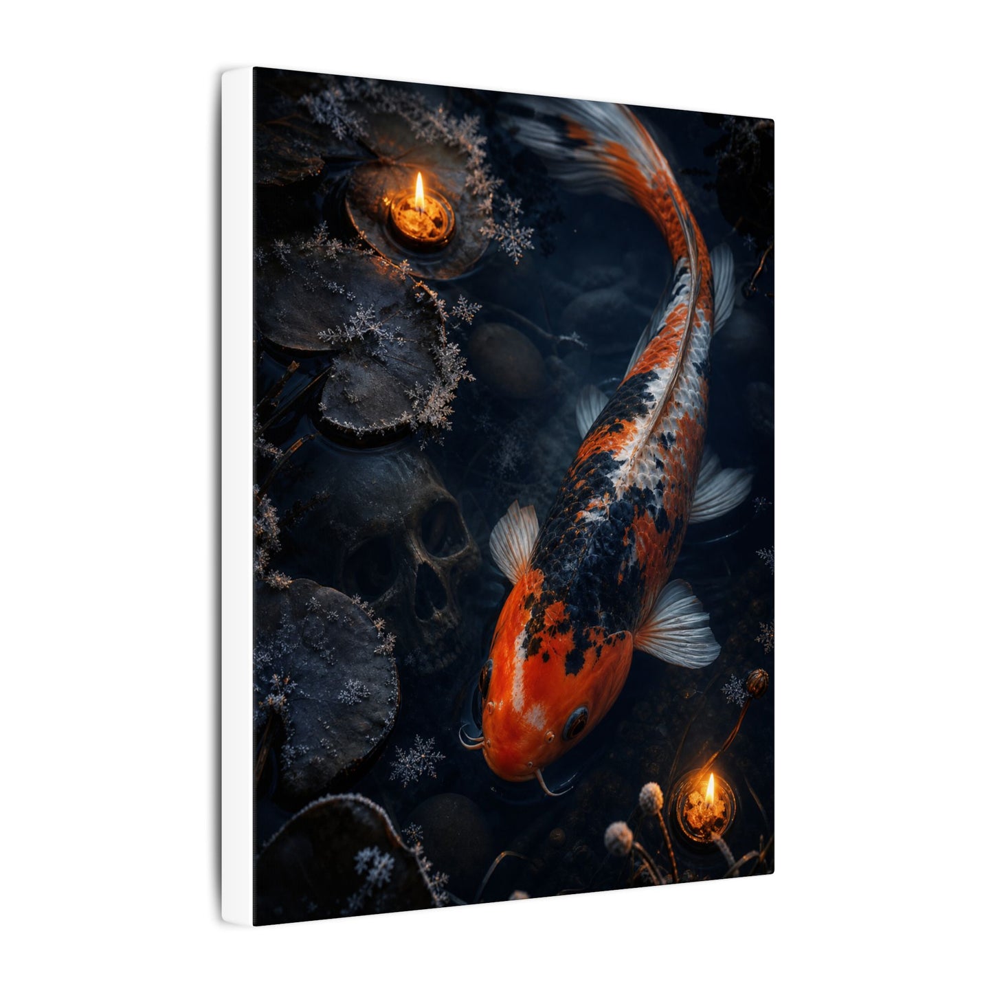 Koi Pond Canvas Art | Winter Dark Japandi Shadow Zen Art