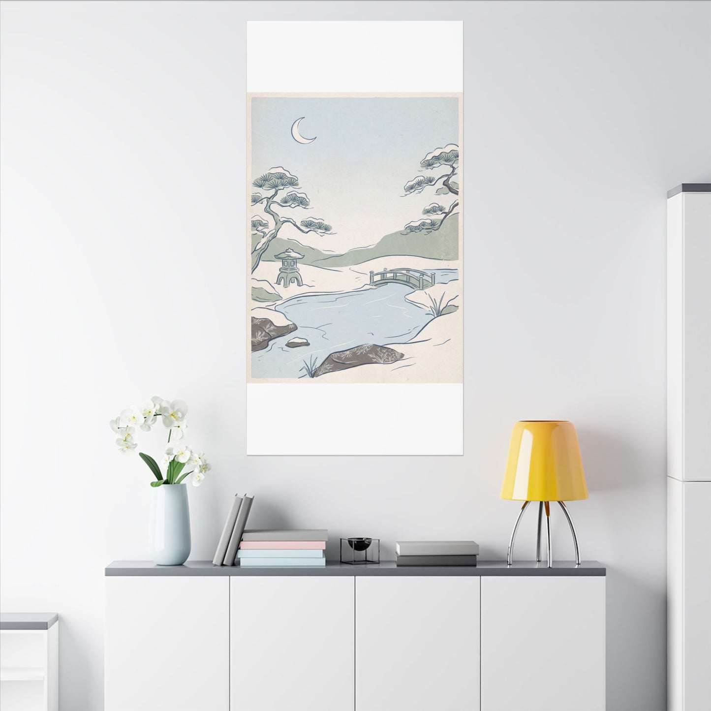 Japandi Moonlit Garden in Moonlight | Minimal Line Canvas Art
