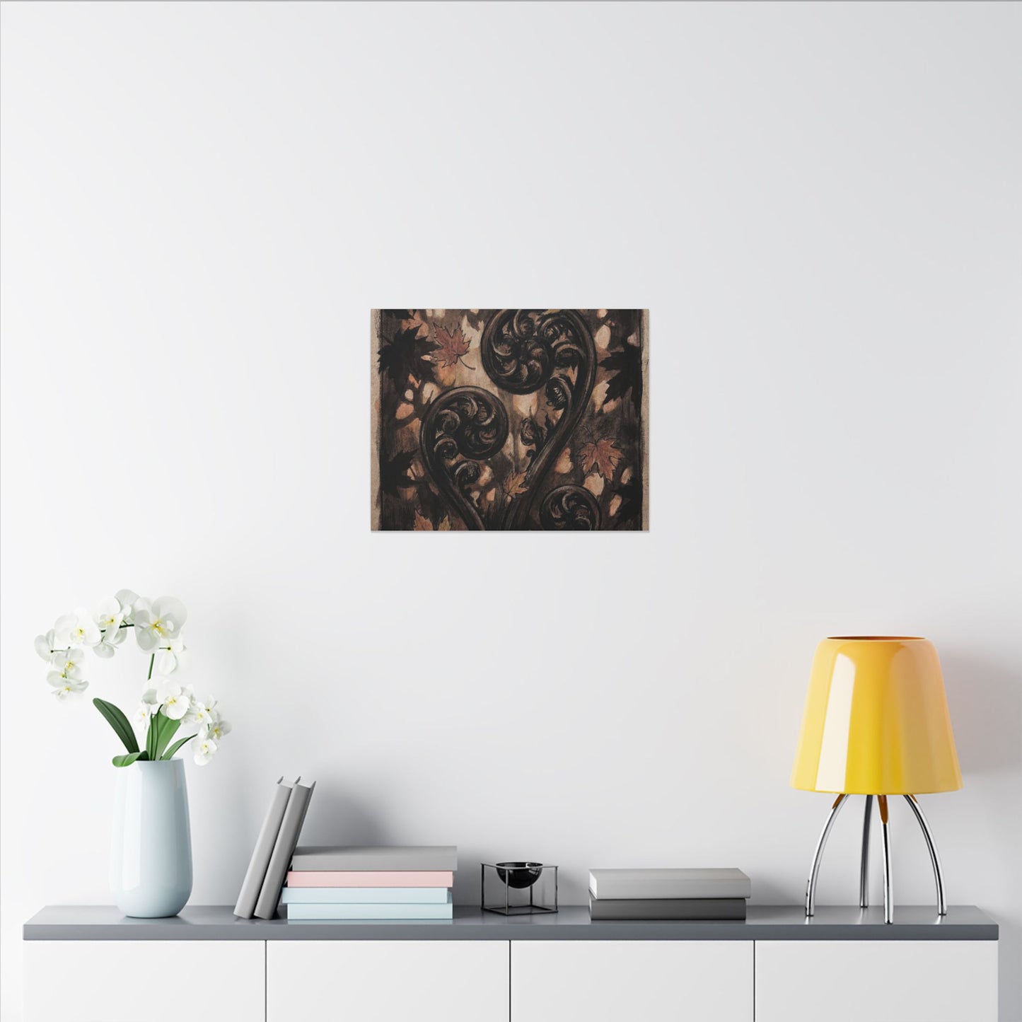Mono No Aware Fern Unfurling Canvas Art - Dark Japandi Charcoal Ink