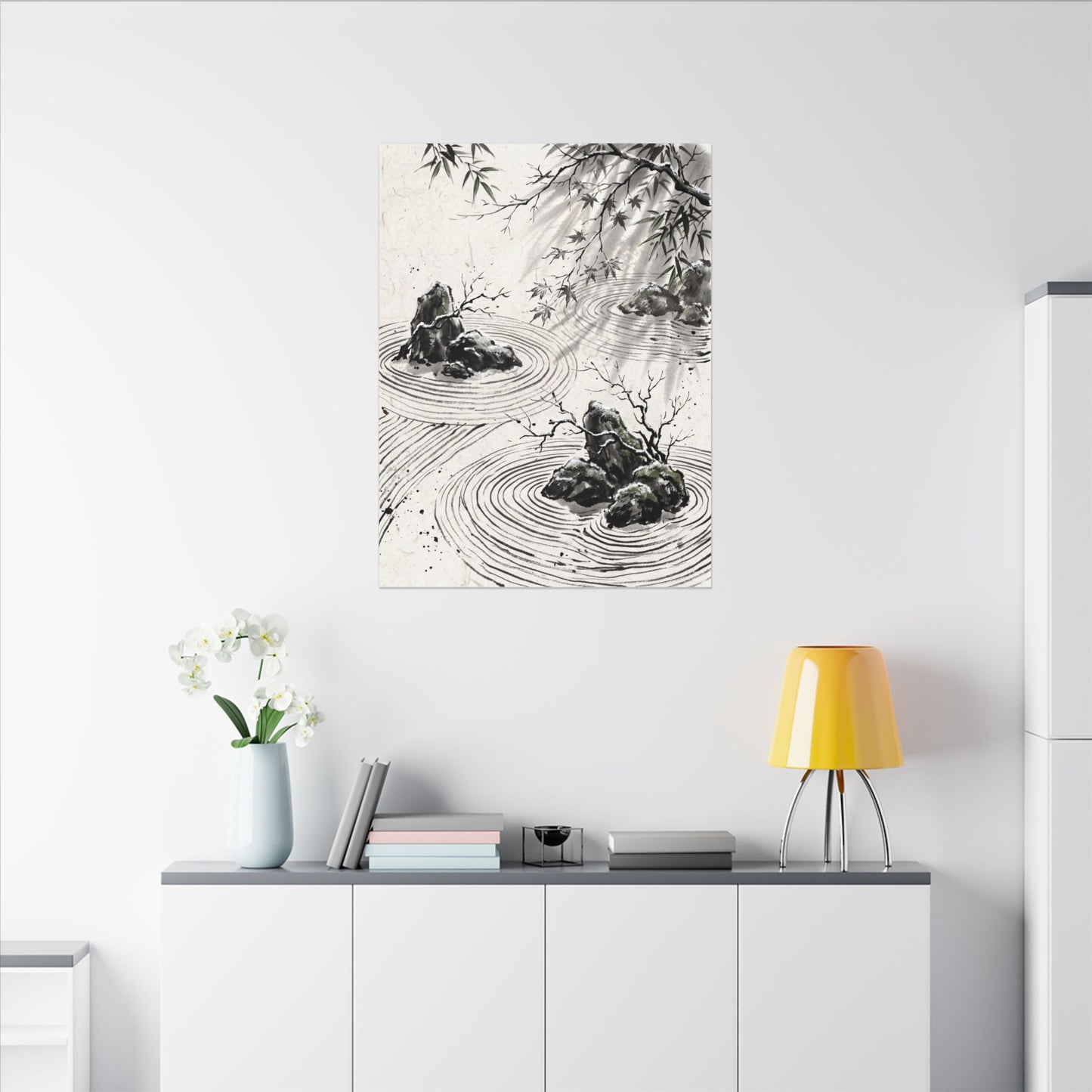 Rock Garden Canvas Art | Winter Zen Sumi E Art