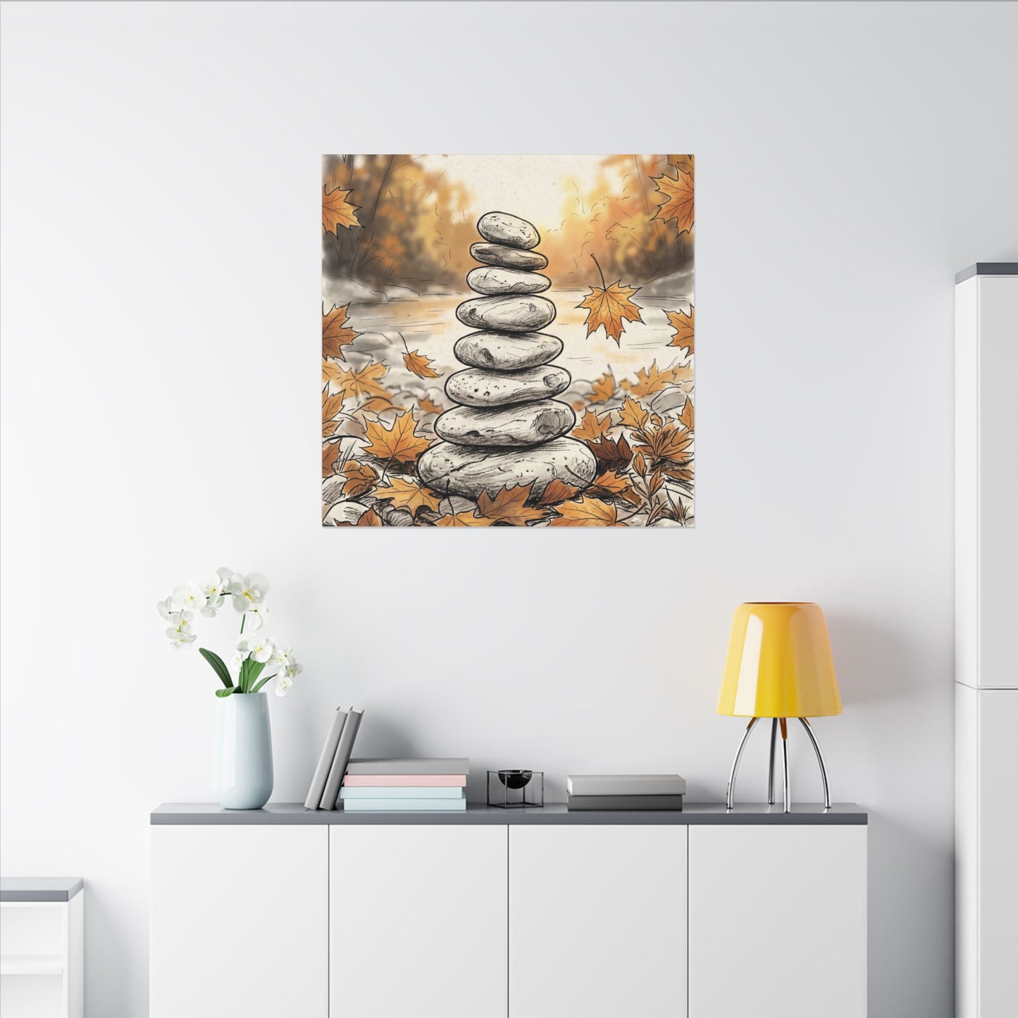 Earthy River Stones Canvas Art - Minimal Line Japandi