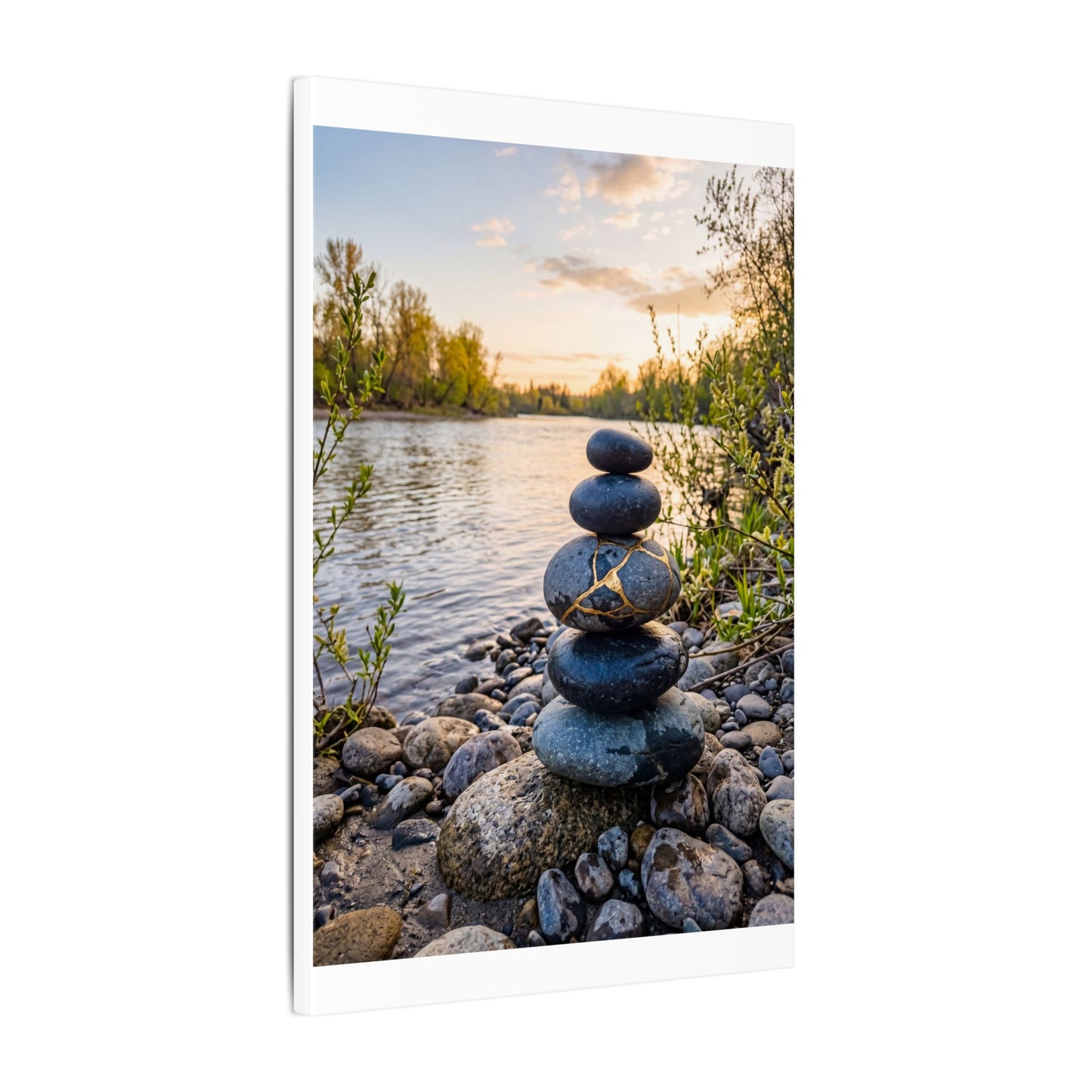 Kintsugi River Stones in Golden Hour | Gold Vein Canvas Art