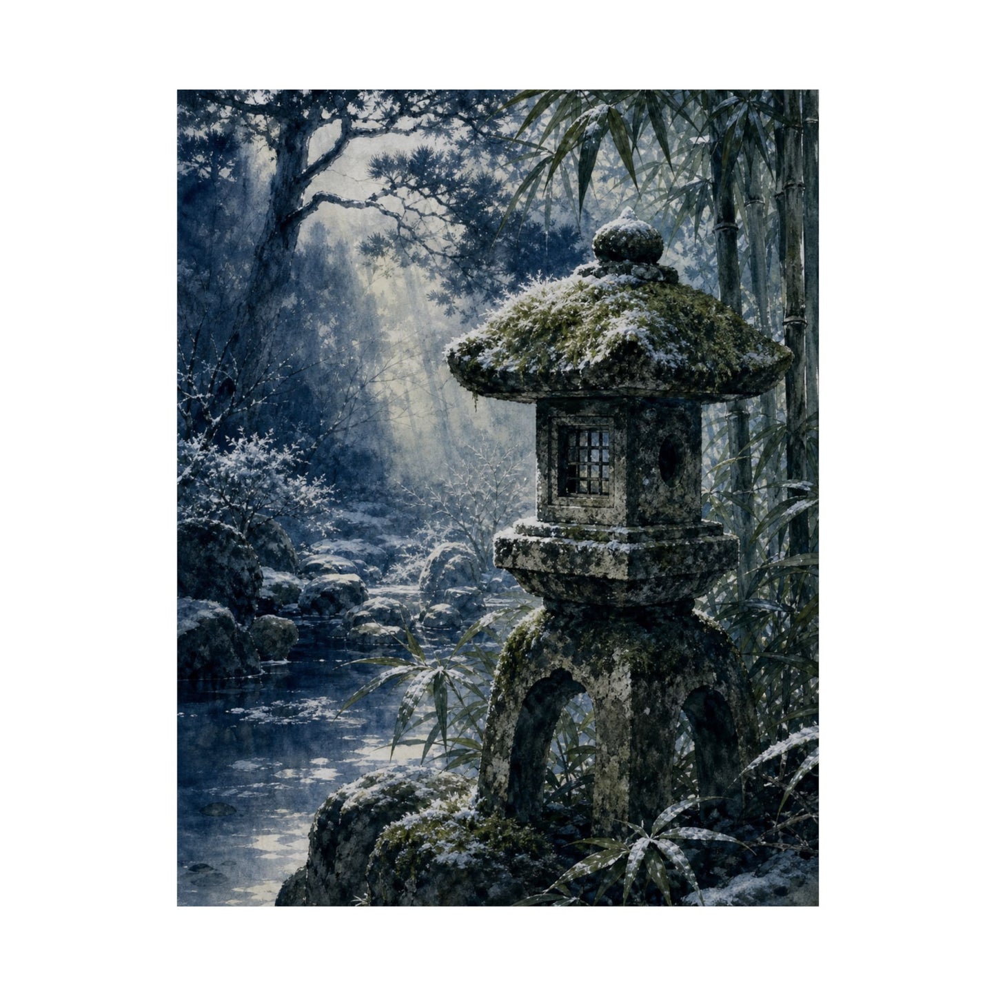 Zen Stone Lantern in Dappled | Sumi E Wall Art Print