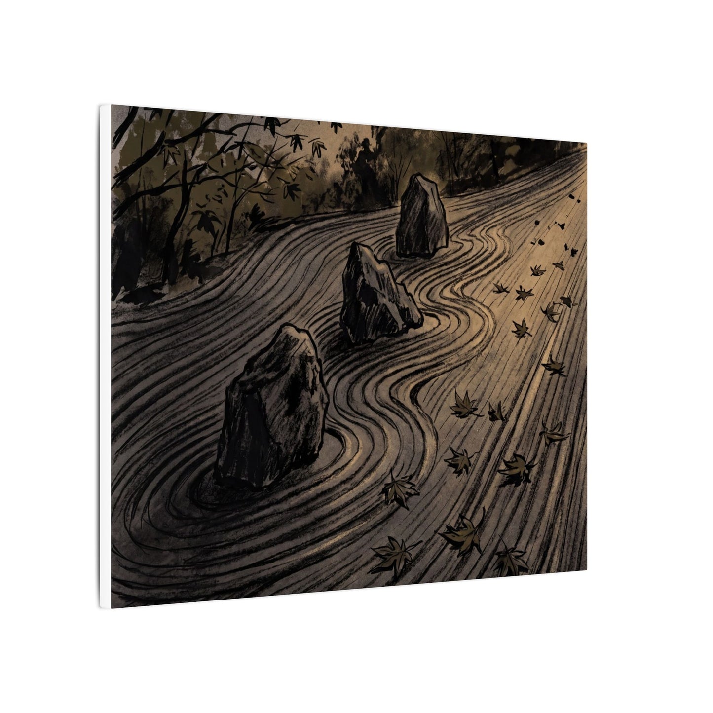 Rock Garden Canvas Art | Autumn Dark Japandi Charcoal Ink Art