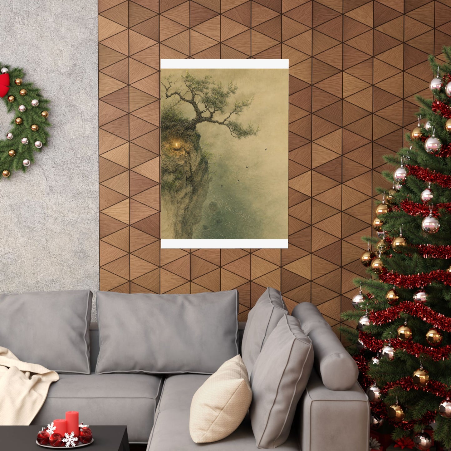 Japandi Pine Tree in Candlelight | Minimal Line Wall Art Print