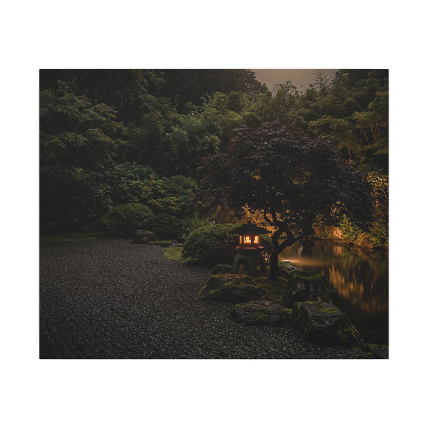 Dark Japandi Moonlit Garden in Golden Hour | Moody Minimal Canvas Art