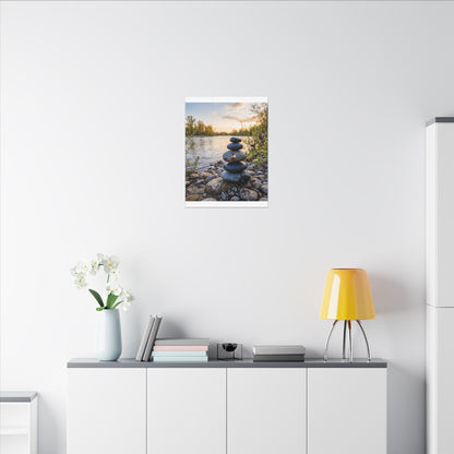 Kintsugi River Stones in Golden Hour | Gold Vein Canvas Art