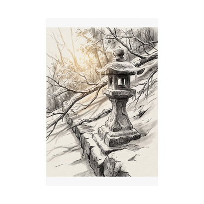 Japandi Stone Lantern in Golden Hour | Minimal Line Wall Art Print