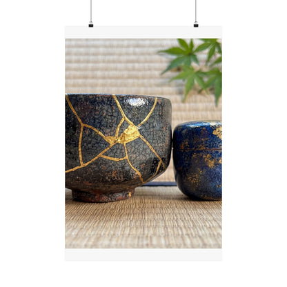 Kintsugi Tea Ceremony in Dawn | Crackle Gold Wall Art Print