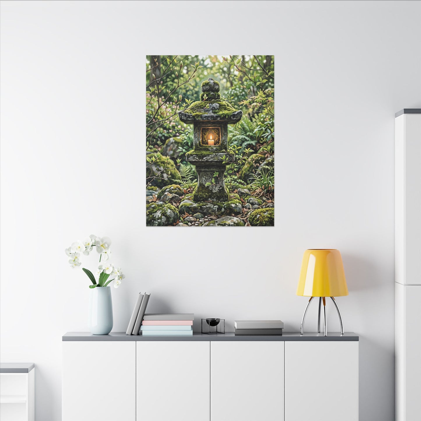 Neutral Stone Lantern Canvas Art - Japanese Pattern Japandi