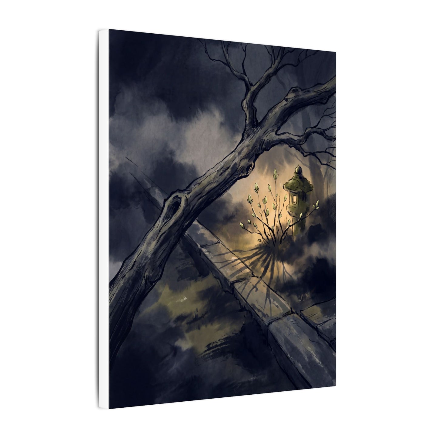 Dark Japandi Moonlit Garden in Golden Hour | Charcoal Ink Canvas Art