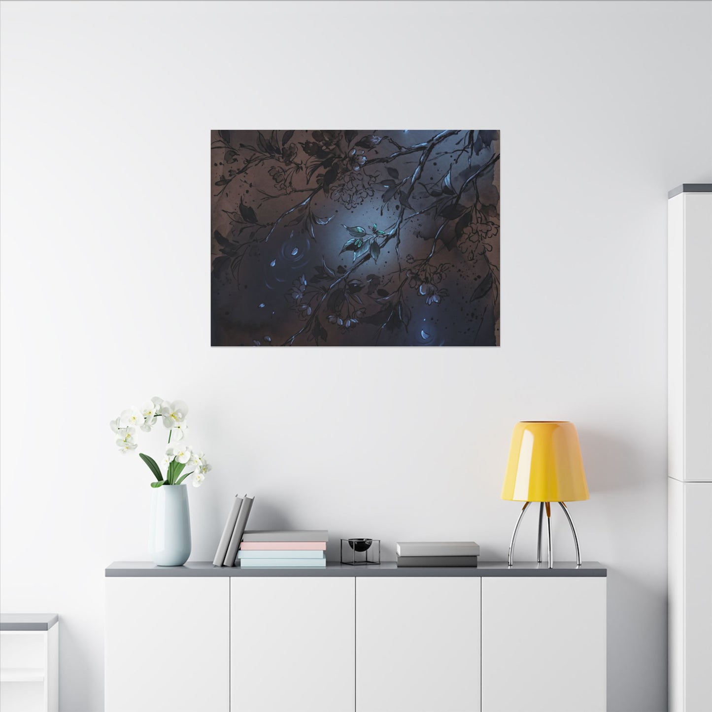 Bold Cherry Blossom Canvas Art - Charcoal Ink Dark Japandi