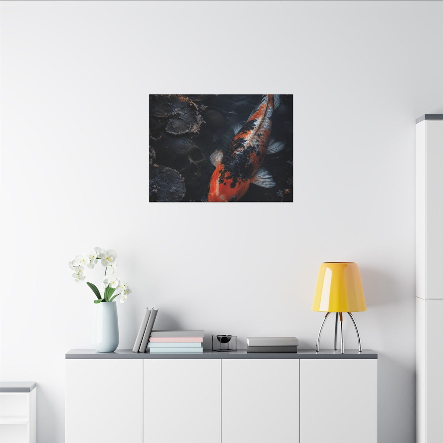 Koi Pond Canvas Art | Winter Dark Japandi Shadow Zen Art