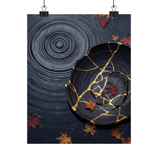 Kintsugi Water Ripple in Overcast | Gold Repair Wall Art Print