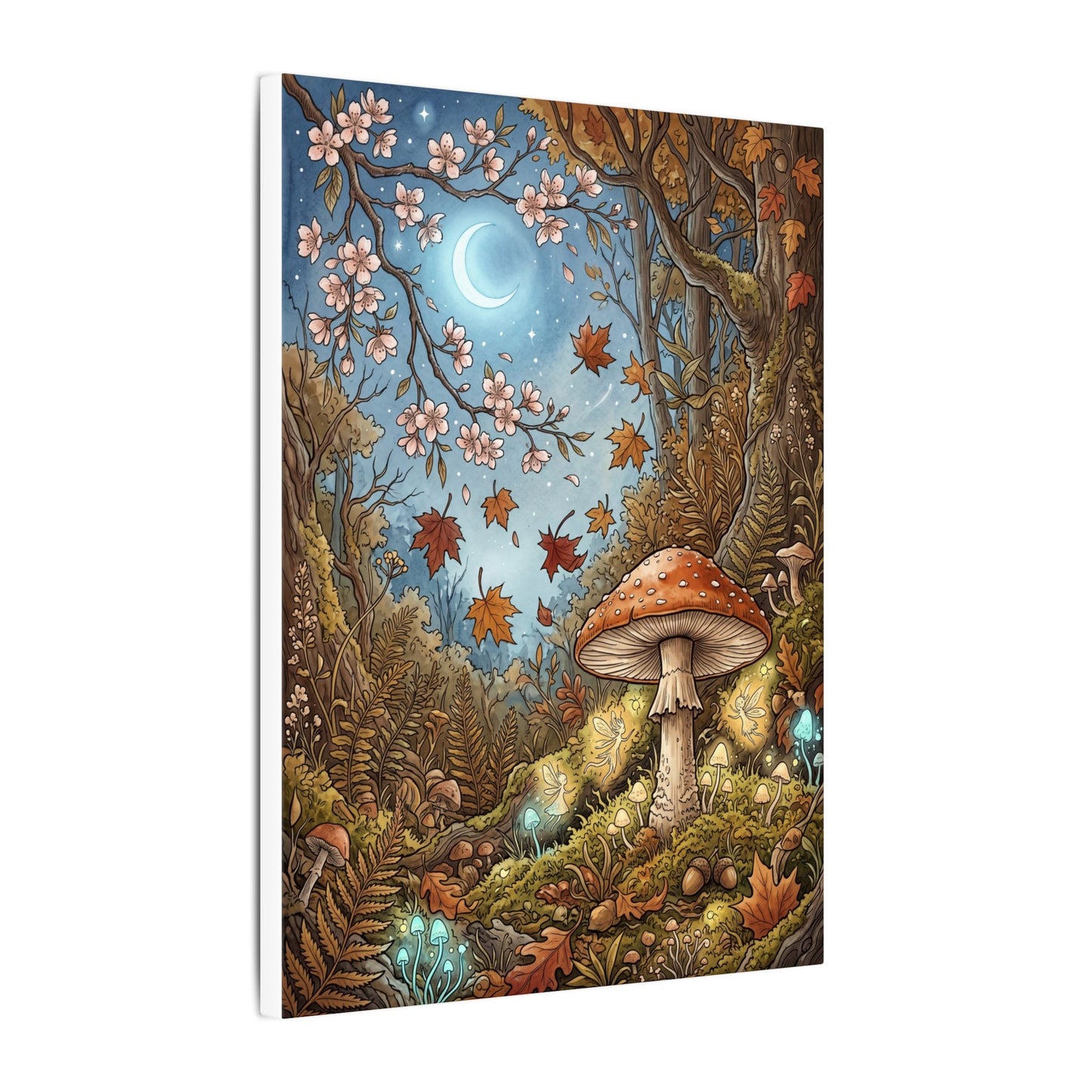 Autumn Cherry Blossom Mushroom Illustration Canvas Art | Enchanting Decor