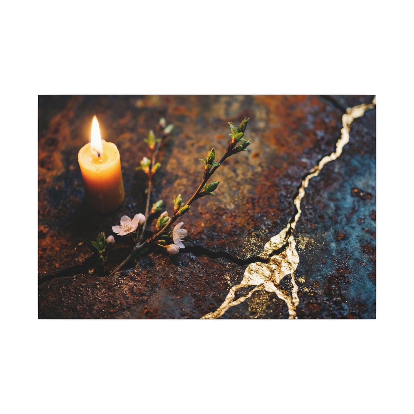 Kintsugi Rust Patina in Candlelight | Gold Repair Canvas Art