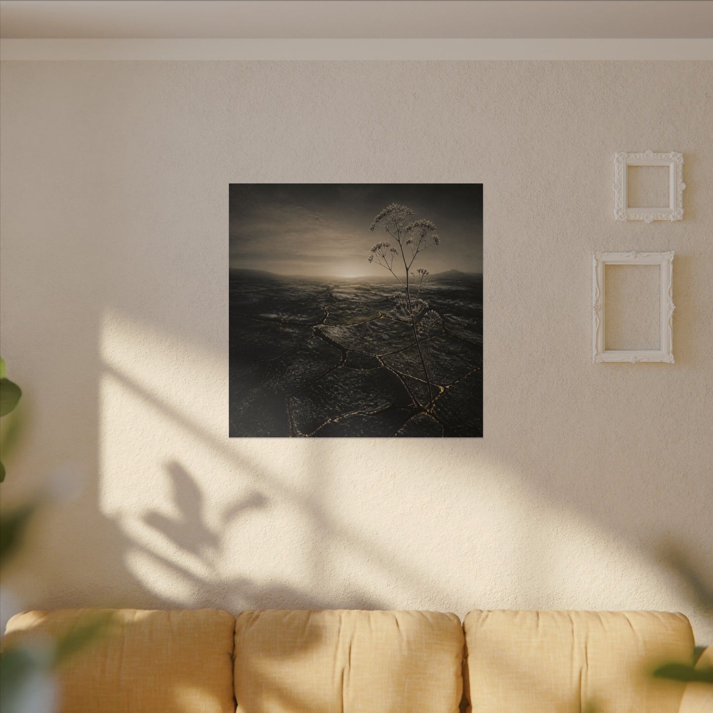 Dawn Cracked Earth Canvas Art - Dark Japandi Mono No Aware