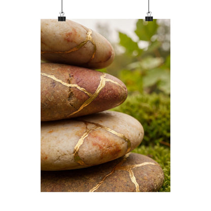River Stones Wall Art Print | Summer Kintsugi Crackle Gold Art