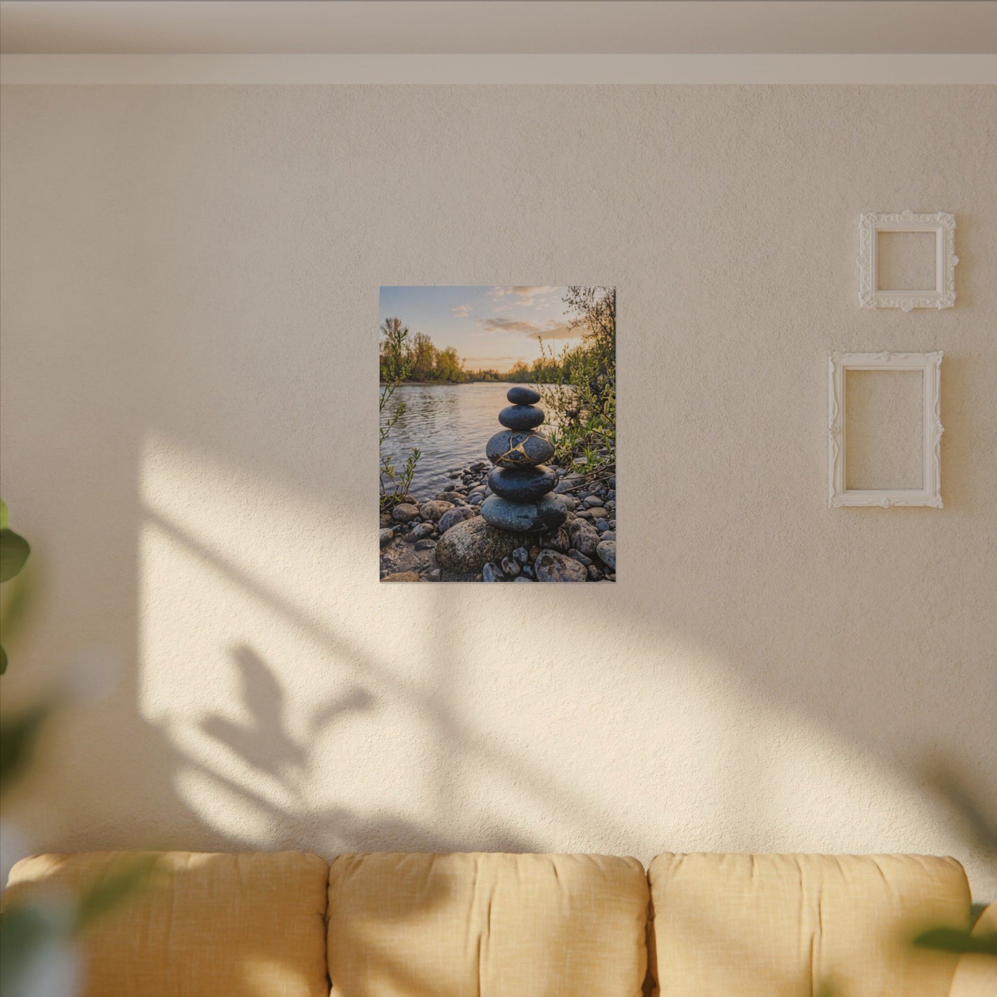 Kintsugi River Stones in Golden Hour | Gold Vein Canvas Art