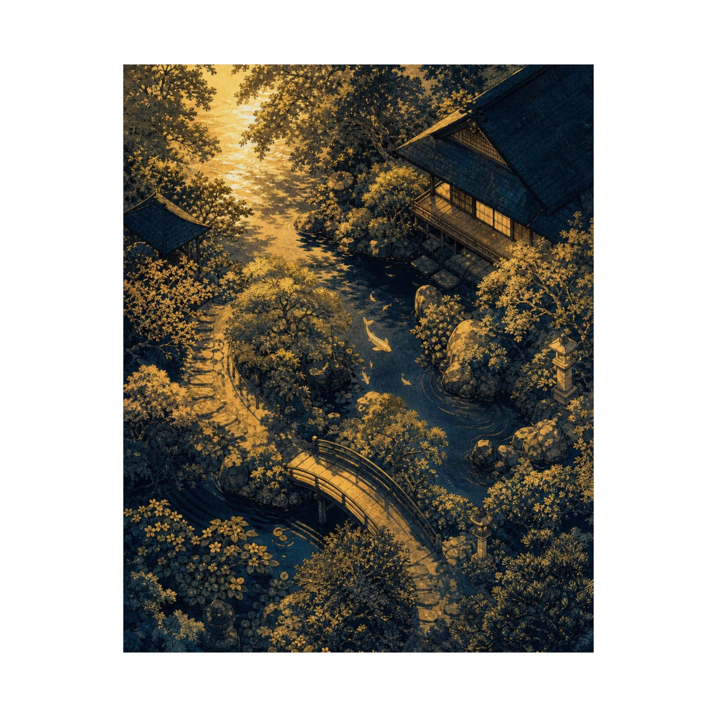 Moonlit Garden Ukiyo E Inspired Wall Art Print | Calm Zen Art