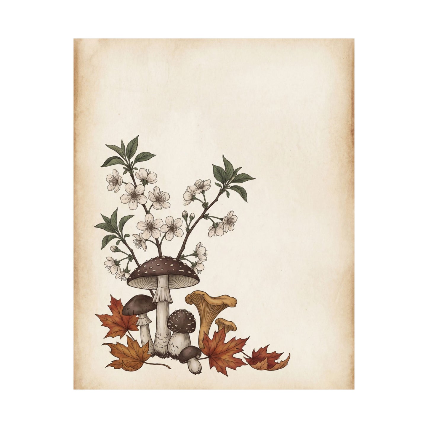 Autumn Cherry Blossom Mushroom Illustration Wall Art Print | Enchanting Decor