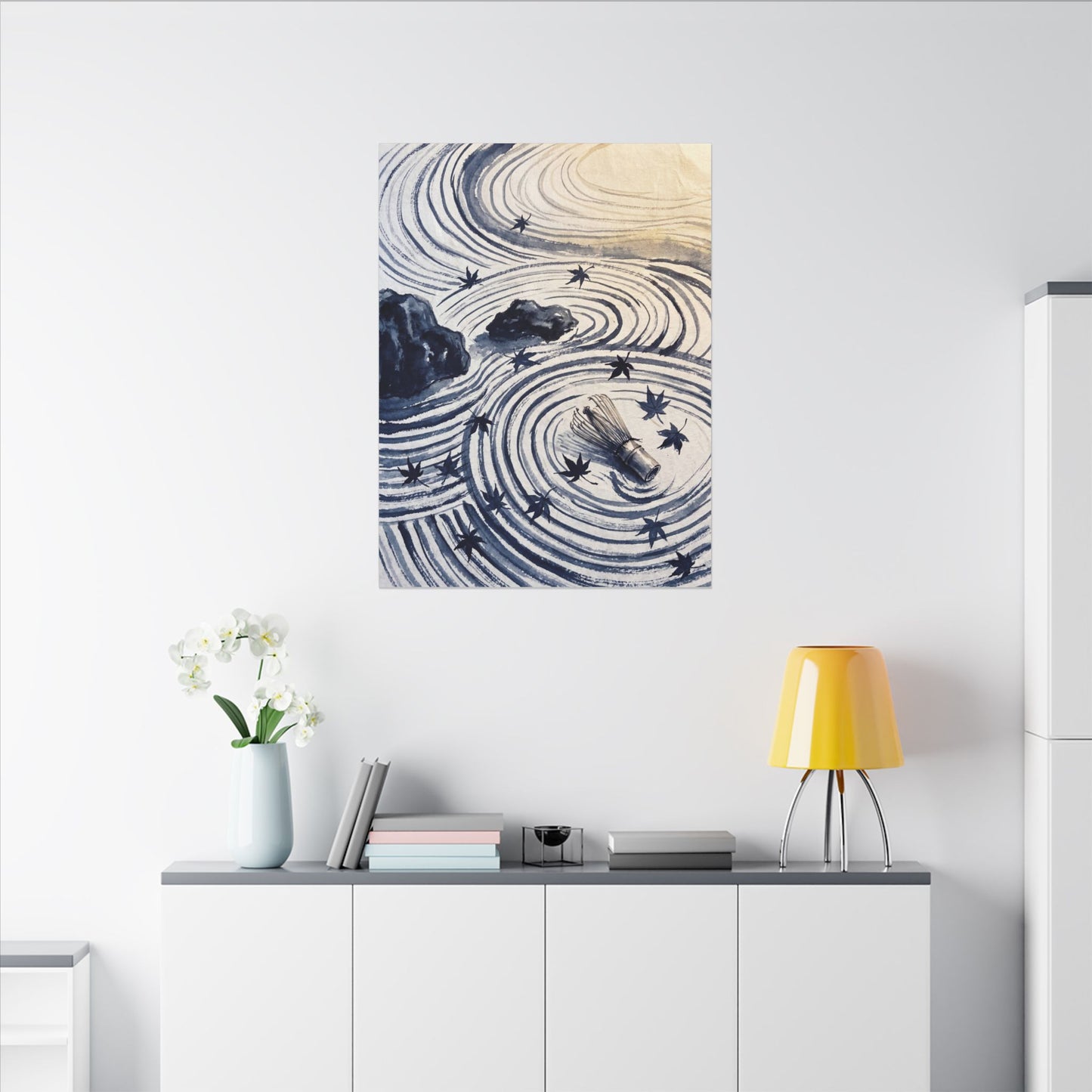 Zen Rock Garden in Golden Hour | Sumi E Canvas Art