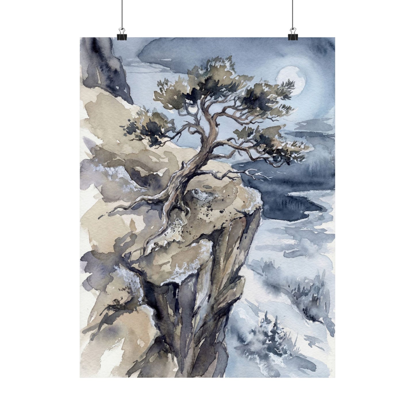 Japandi Pine Tree in Moonlight | Watercolor Wall Art Print Art Print