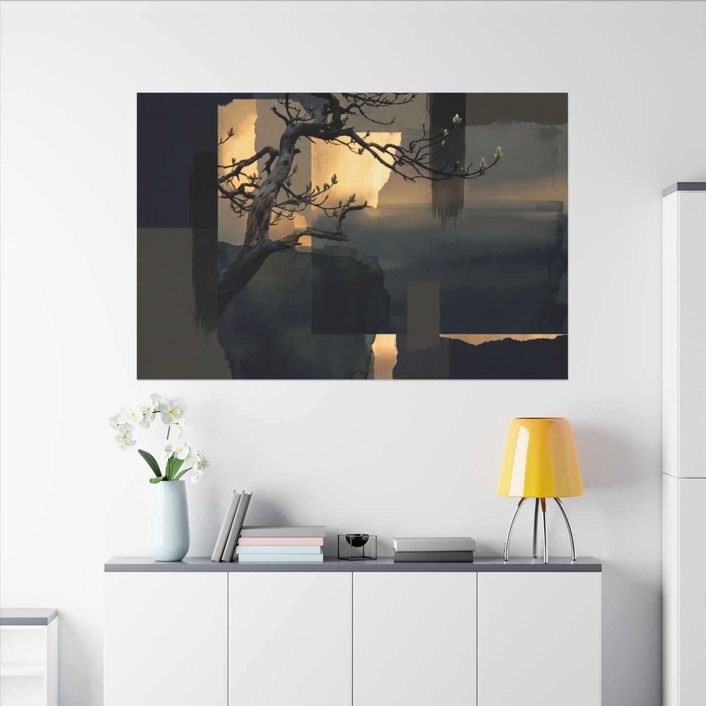 Golden Hour Pine Tree Canvas Art - Dark Japandi Kanso