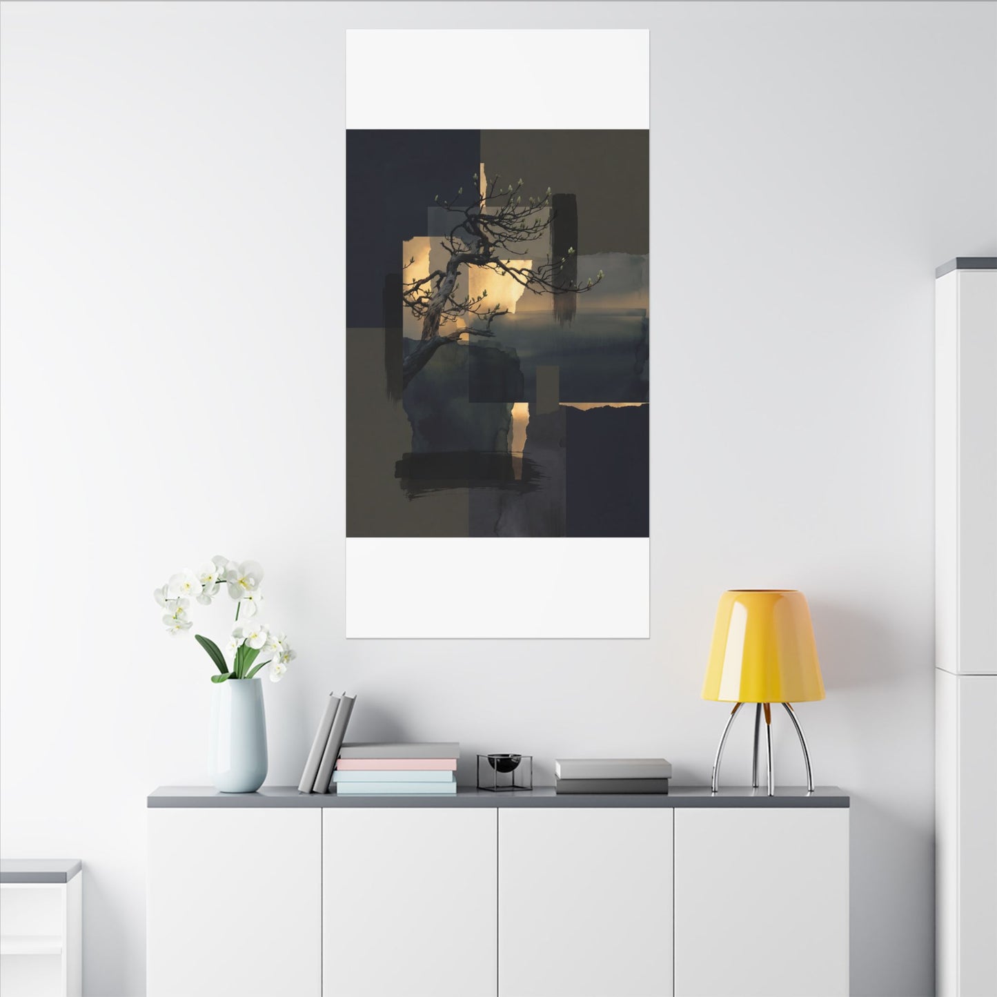 Golden Hour Pine Tree Canvas Art - Dark Japandi Kanso