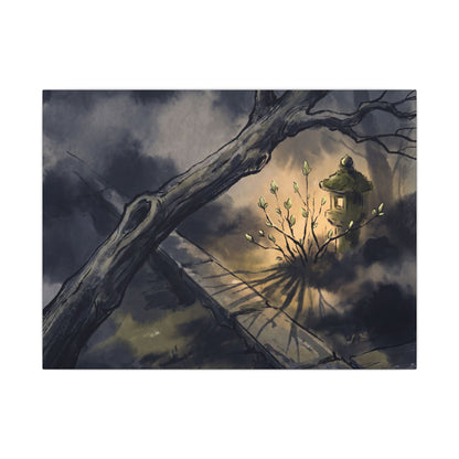 Dark Japandi Moonlit Garden in Golden Hour | Charcoal Ink Canvas Art