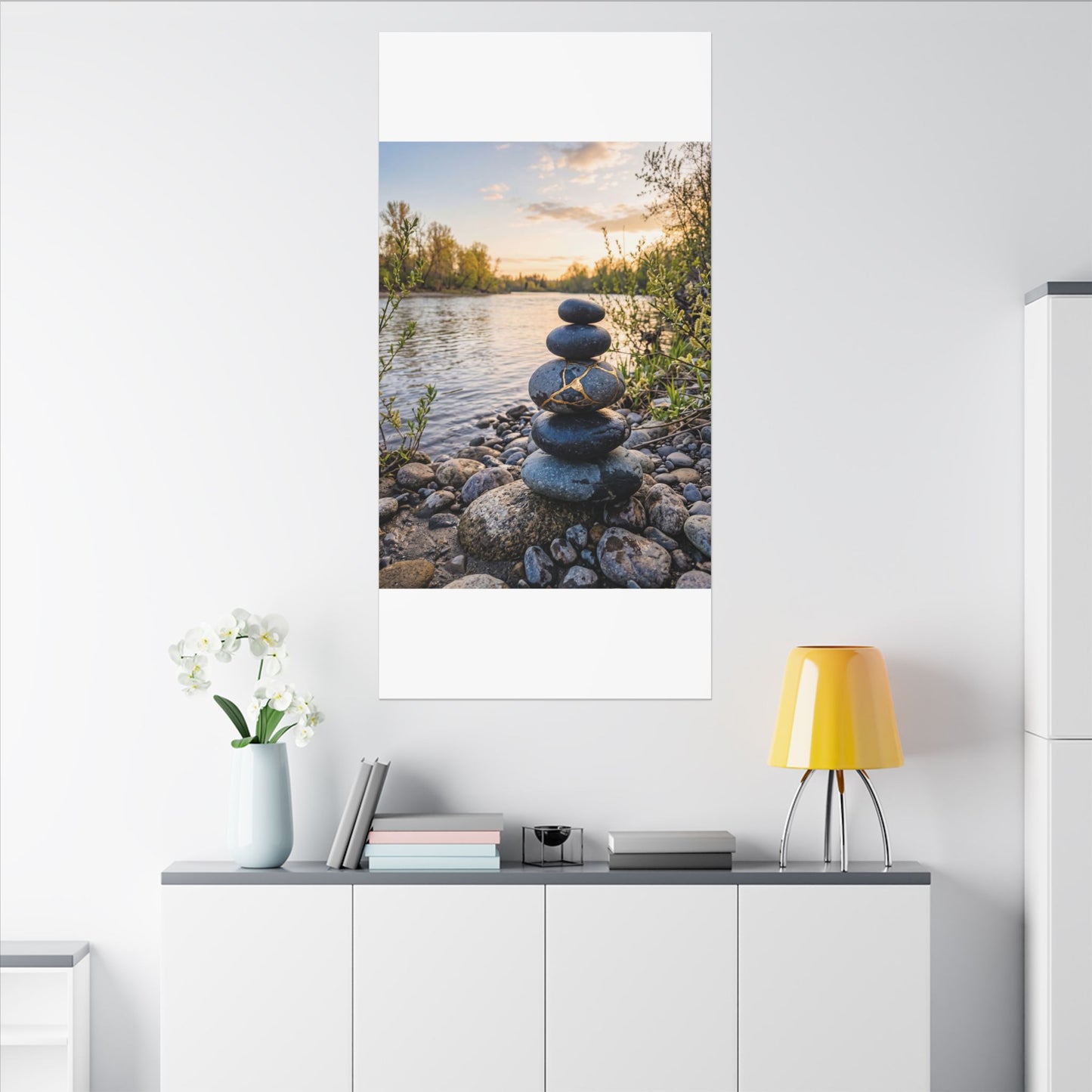 Kintsugi River Stones in Golden Hour | Gold Vein Canvas Art