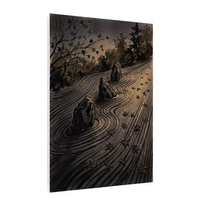 Rock Garden Canvas Art | Autumn Dark Japandi Charcoal Ink Art