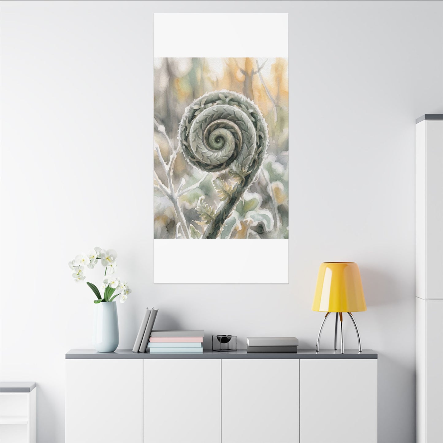 Winter Fern Unfurling Watercolor Canvas Art | Cozy Decor