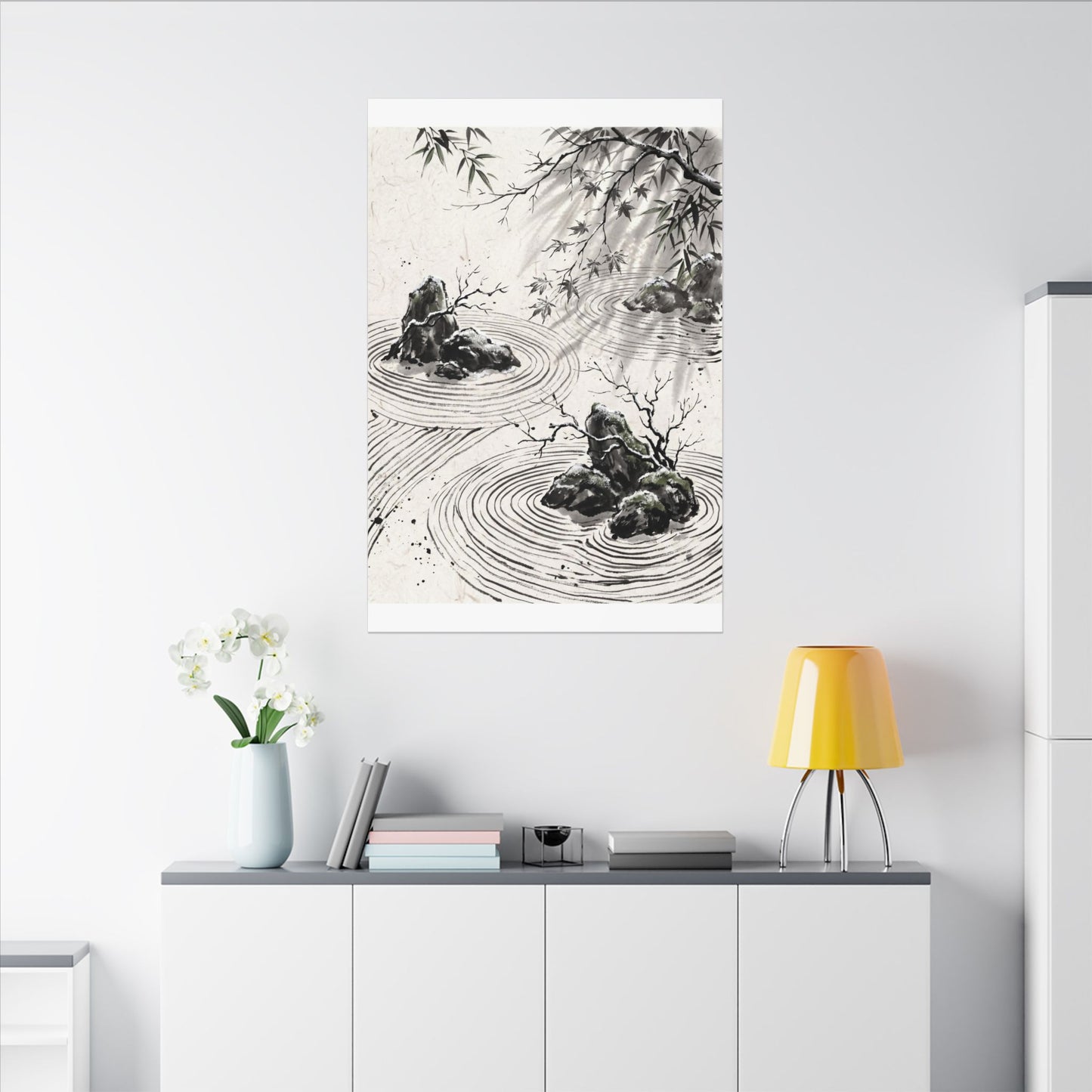 Rock Garden Canvas Art | Winter Zen Sumi E Art