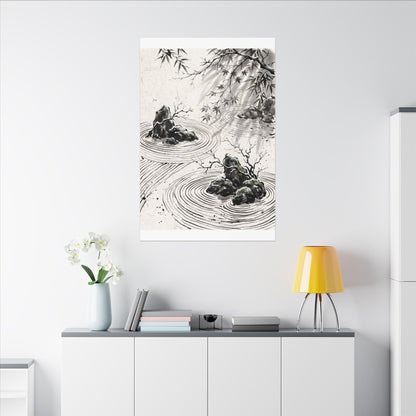 Rock Garden Canvas Art | Winter Zen Sumi E Art