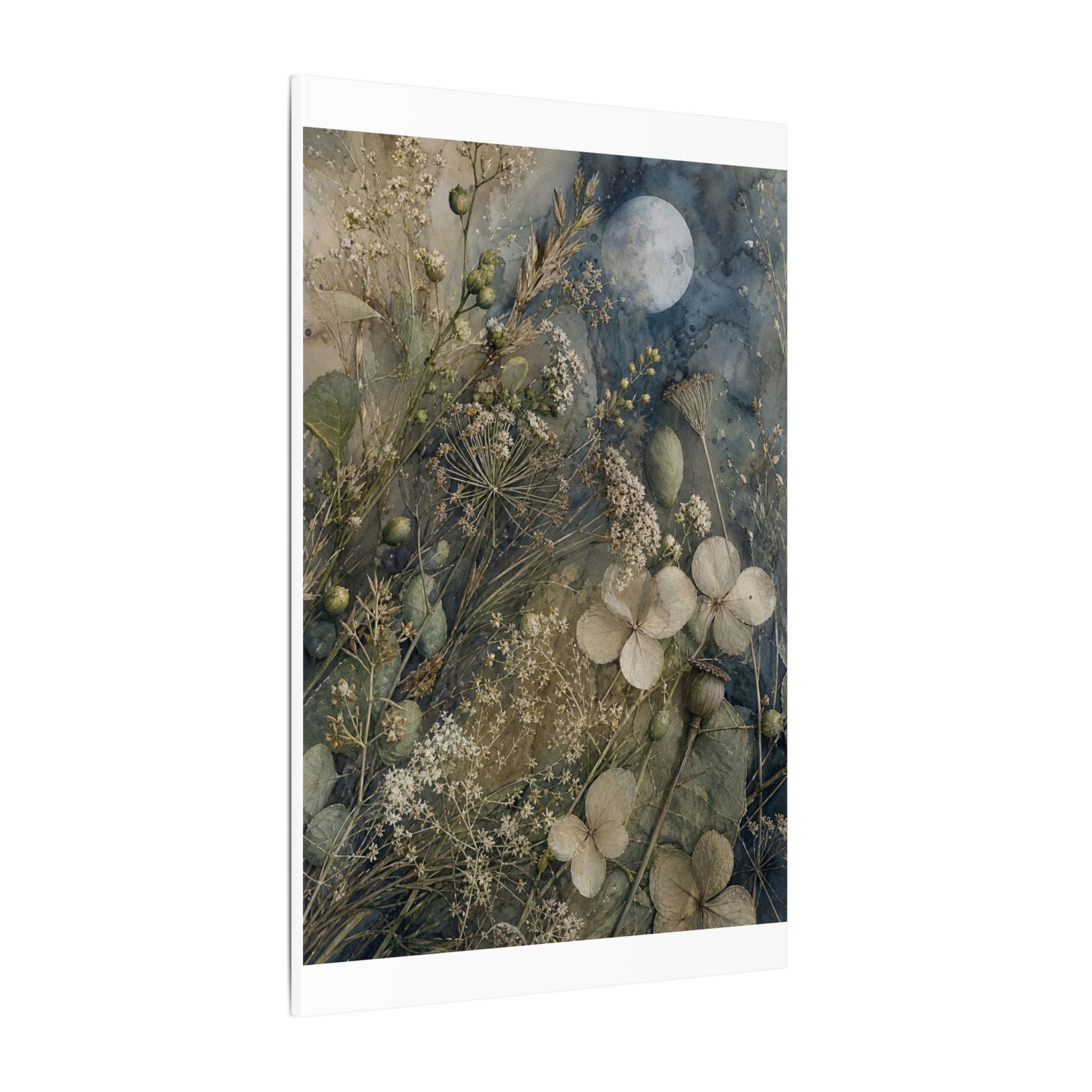 Japandi Dried Flowers in Moonlight | Watercolor Canvas Art