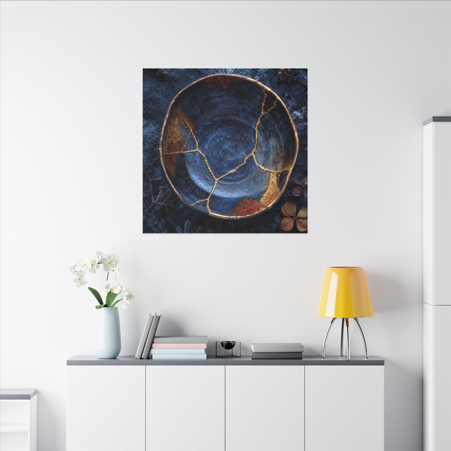 Kintsugi Ceramic Bowl in Moonlight | Crackle Gold Canvas Art