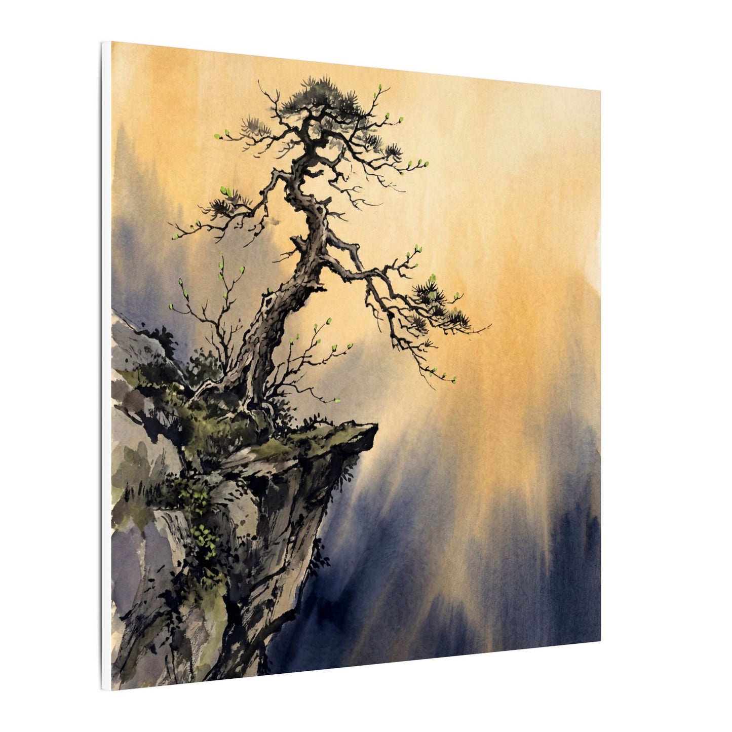 Zen Pine Tree in Golden Hour | Sumi E Canvas Art