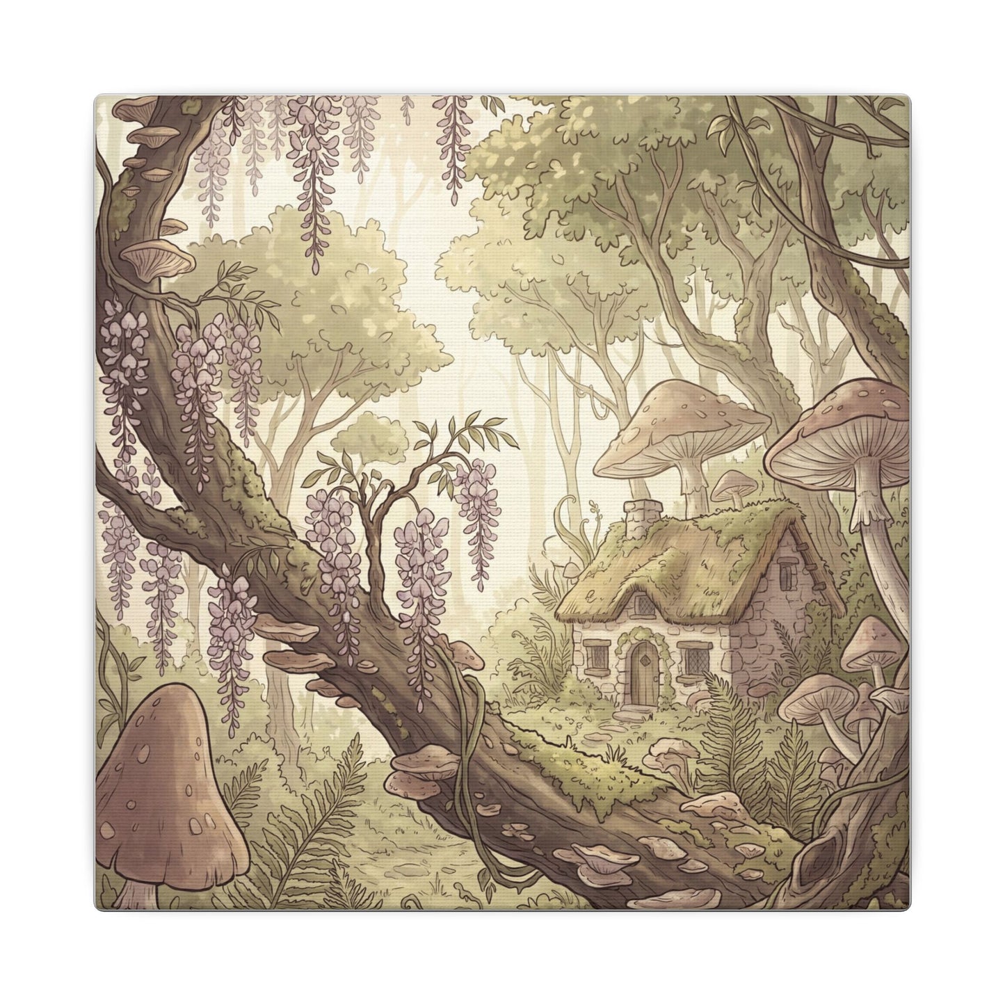 Summer Wisteria Mushroom Illustration Canvas Art | Enchanting Decor