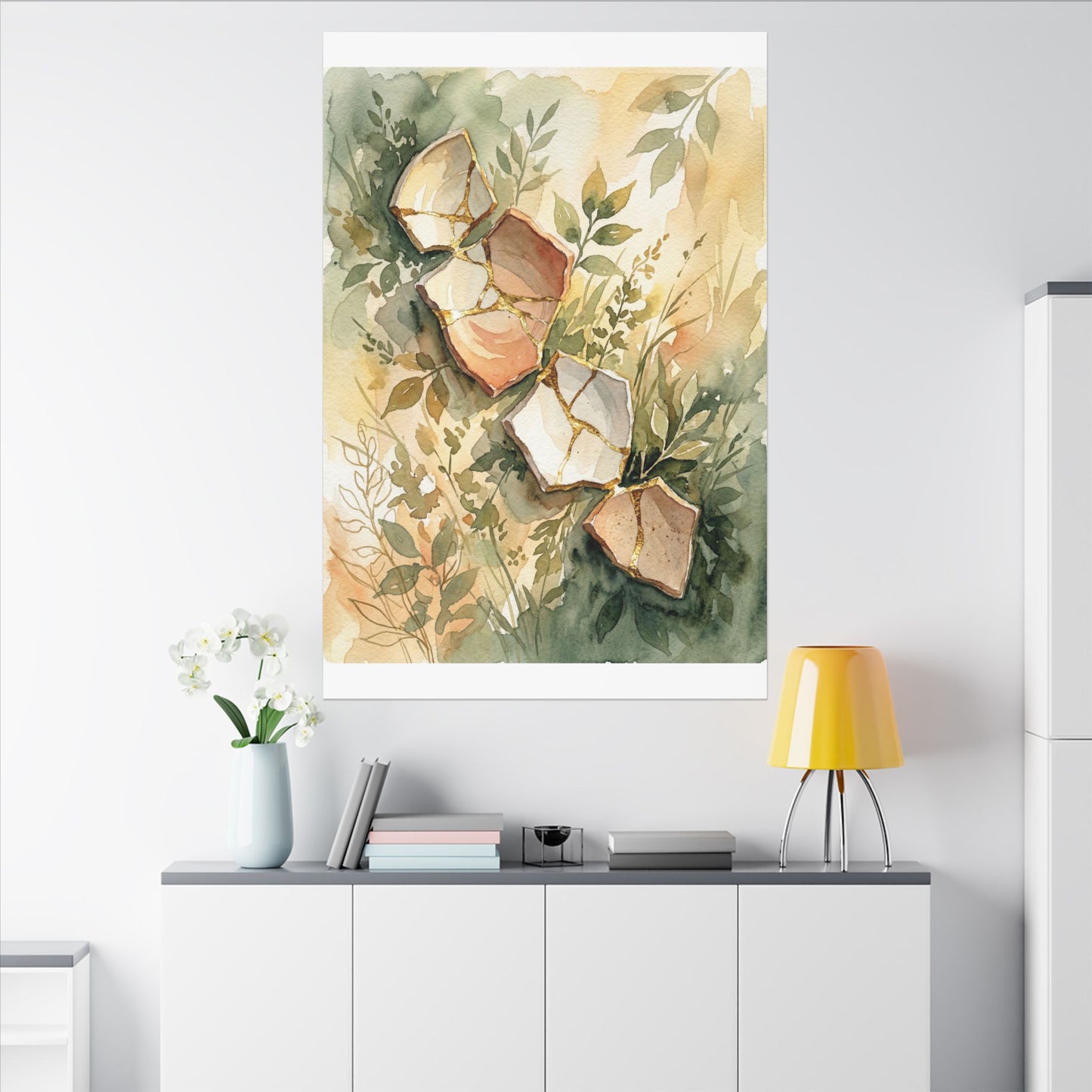 Japandi Broken Pottery in Golden Hour | Watercolor Canvas Art